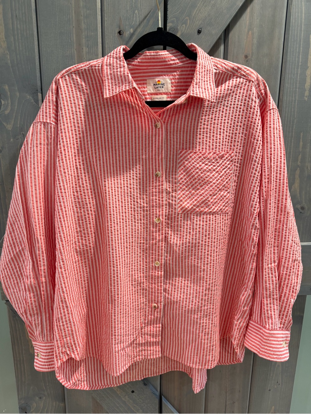 Marine Layer Coral and White Striped Button-Down Shirt